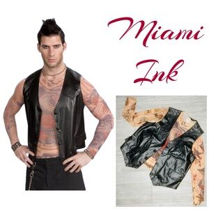 Miami ink men’s button front faux leather vest & tattoo shirt Halloween costume